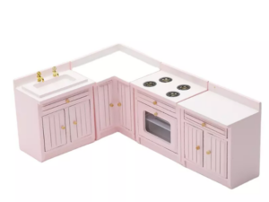 Küchenzeile 1:12 für das Puppenhaus in rosa aus Holz
