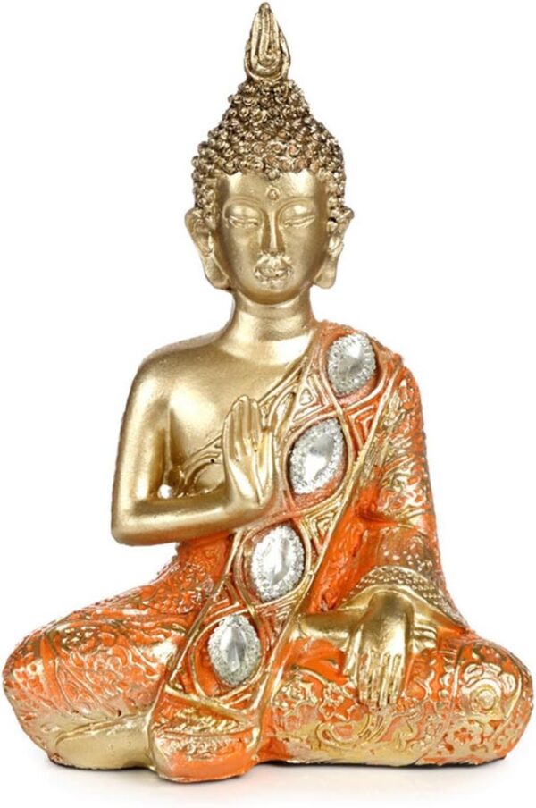 Thai-Buddha in orange/gold, Arm angewinkelt