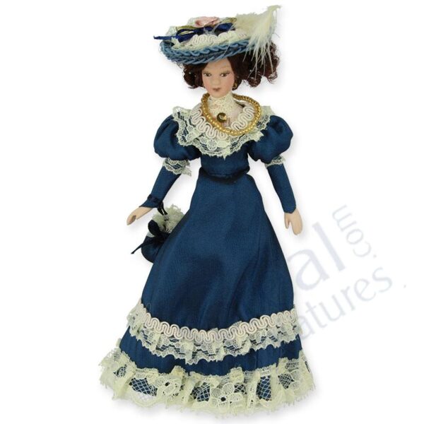 Porzellanpuppe : Frau/Dame im blauen Kleid und Hut , 1:12