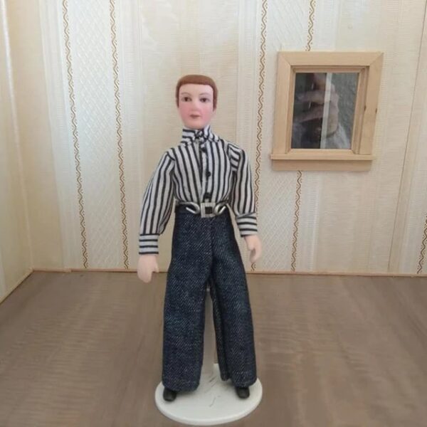 Puppenhauspuppe, Biegepuppe : Mann mit gestreiftem Hemd , 1:12